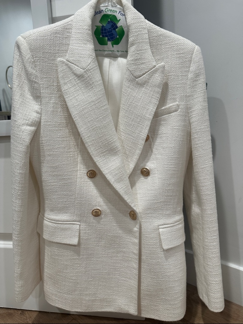 Classic Double-Breasted Cream Textured Blazer